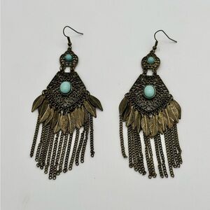 Vintage Bohemian Turquoise Fashion Earrings with Leaf and Chain Tassels